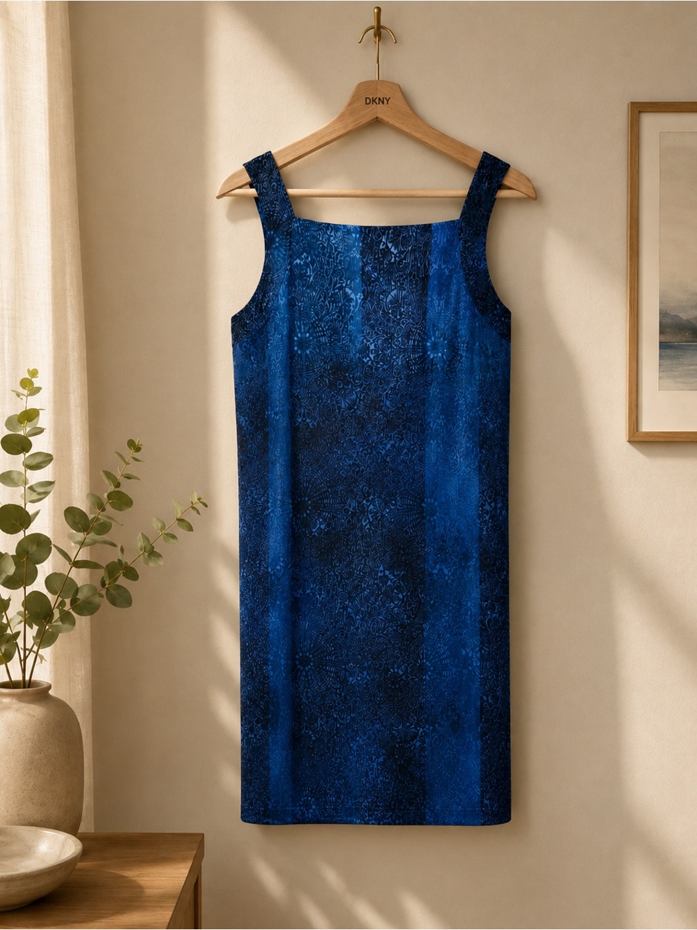 DKNY Linen Blend Square Neck Mini Dress Indigo Blue Printed Shift Sundress
